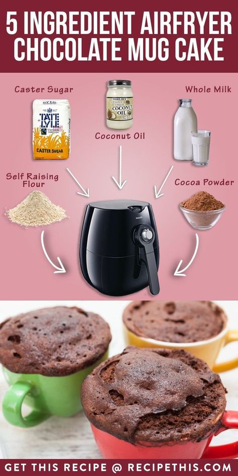 Airfryer Mug Cake, Mug Cake Airfryer, Airfryer Cake Recipes, Airfryer Recipes Dessert, Airfryer Cake, Cake In Air Fryer, Chocolate Mug Cake Recipe, Recipe Air Fryer, Air Fryer Recipes Dessert