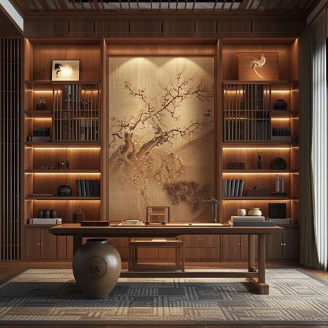 Chinese Office Design, Zen Study Room, Home Office Background Ideas, Chinese Room Decor, Chinese Study Room, Wallpaper Iphone Autumn, Executive Office Design Interior, Minimalist Wallpaper Iphone, Color In Interior Design