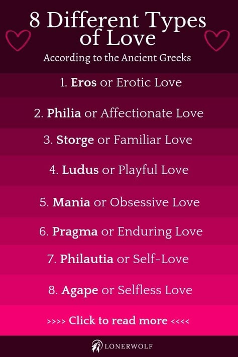 The ancient Greeks narrowed down eight different types of love in life. Are you falling in love? Is it true love or obsessive (mania) love? What about loving yourself? Read all about love in this article (click for more). #fallinginlove #lovefacts #lovequotes #forbiddenlove #truelove #lovehurts #loverelationships #selflove #whatislove Types Of Love Greek, 4 Types Of Love, Greek Words For Love, Different Types Of Love, Love In Life, Types Of Love, Selfless Love, All About Love, Definition Of Love