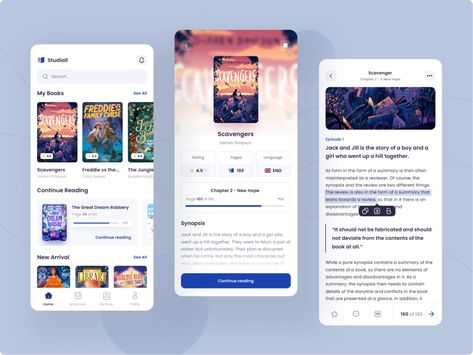 Studiall Book Mobile App by Yafi Asyam 🎮 for Omnicreativora on Dribbble Library App Design, Mobile Apps Designs, Book App Design, Goodreads Redesign, Book App Ui, Web Design Books, Book Mobile, Library App, App Design Layout