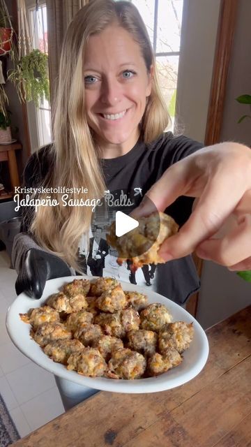 Kristy Hawk on Instagram: "Jalapeño Sausage Balls These make the perfect appetizer, breakfast or snack! Seriously…take these to your holiday parties and no one will guess they’re low carb.   RECIPE - Makes 24 balls INGREDIENTS: 1 lb pork sausage 1 egg 8 oz softened cream cheese  1 cup shredded Colby Jack cheese  1 jalapeño, diced   DIRECTIONS: 1. Preheat oven to 375 degrees Fahrenheit.  2. Add all of the ingredients to a bowl and mix until well combined.  3. Form into 24 balls and place them on a parchment lined baking sheet.  4. Bake for 20 minutes.   Nutrition: 1 ball | 0g net carbs | 0g total carbs | 0g fiber | 114 calories | 5g protein | 10g fat | 0.2g sugar" Jalapeno Snacks Healthy, Jalapeño Sausage Balls, Healthy Sausage Balls, Sausage Cream Cheese Balls, Kristy Keto, Jalapeño Sausage, Sausage Balls Recipe, Cream Cheese Ball, Frosty Recipe