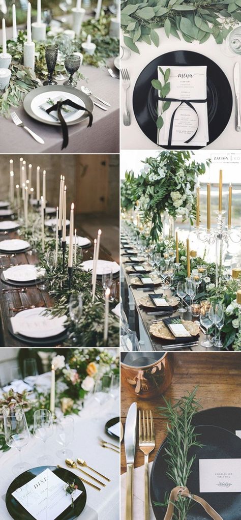 greenery black and white wedding table setting ideas Green Black And White Wedding, Black And White Wedding Table, Wedding Table Setting Ideas, Wedding Ideas For Fall, Black And White Wedding Ideas, White Wedding Table Setting, Black Wedding Table, White Wedding Table, Thanksgiving Table Settings Simple