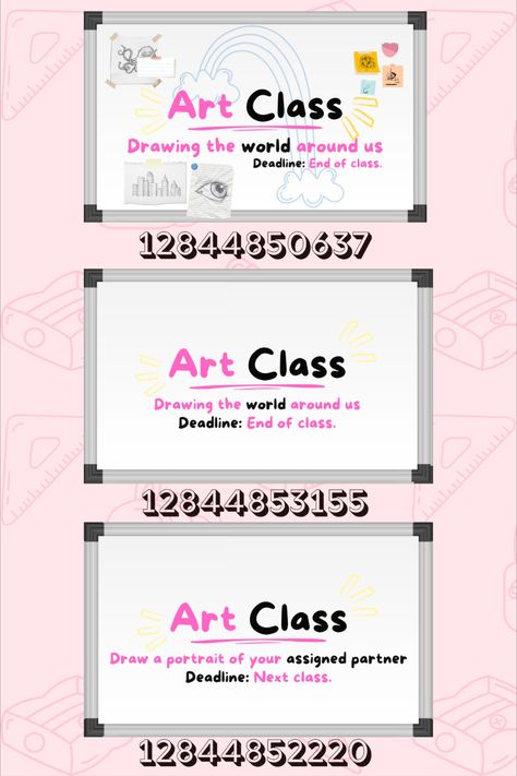 I made two versions: one with looots of design and one plain one for those who prefer a more simple type. I hope you enjoy these bloxburg decals for your art class rps<3 Thank you for always requesting and giving ideas! #roblox #bloxburg #bloxburgdecals #robloxdecals #bloxburgschooldecals #bloxburgschool #robloxschool #bloxburgwhiteboard #bloxburgartclass Bloxburg School Floor Plans, Bloxburg Building Ideas School, Bloxburg School Room Decals, Maths Decals Bloxburg, Math Classroom Bloxburg, Bloxburg Teenage Room Decals, Bloxburg Town List, Art Classroom Bloxburg, Nurses Office Bloxburg