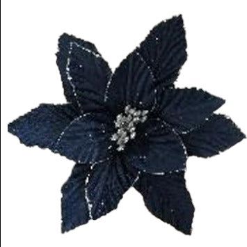 9" Navy Blue Velvet Poinsettia Stem/Pick with Silver Trim Silver And Navy Blue Christmas Tree, Blue Velvet Christmas Tree, Navy And Red Christmas Decor, Navy Blue And Silver Christmas Tree, Blue And Silver Christmas Tree Ideas, Navy Christmas Decor, Navy Blue Christmas Tree, Emerald Christmas, Navy Blue Decor