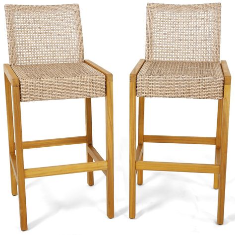 Tangkula Wicker Bar Stools Set of 2 Patio Chairs w/ Solid Wood Frame Ergonomic Footrest Light Brown Bar En Plein Air, Wood Barstools, Wicker Bar Stools, Bar Height Chairs, Rattan Bar Stools, Cozy Seats, Patio Bar Stools, 30 Bar Stools, Porch And Balcony