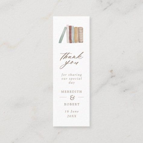 $5.30 | Watercolor Books Wedding Favor Thank You Bookmark Calling Card #wedding #librarytheme #booktheme #watercolorbooks #earthtones #calligraphy #rustic #thankyou #weddingfavor #bookmark Book Marks Wedding Favors, Thank You Bookmarks, Wedding Bookmarks Ideas, Bookmark Party Favors, Wedding Favor Bookmark, Bookmark Wedding Invitations, Wedding Bookmarks Favors, Bookmark Wedding Favors, Wedding Bookmark