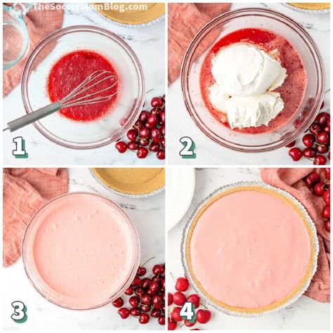 4 step photo collage showing how to make a pie with cool whip and jello Ww Jello Pie, Hello And Cool Whip, Pie With Jello And Cool Whip, Jello With Cool Whip Mixed In, Whip Cream Pie Recipe, Pudding And Cool Whip Pie, Jello Coolwhip Desserts, Jello Yogurt Cool Whip Pie, Hello And Cool Whip Dessert