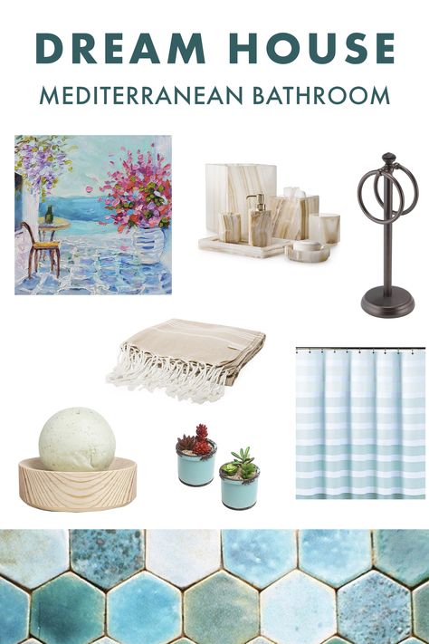 Greece Inspired Bathroom Decor, Blue Mediterranean Bathroom, Sea Blue Bathroom, Mediterranean Inspired Bathroom, Meditaranian Interiors, Turquoise Bathroom Ideas, Greece Bathroom, Mediterranean Bathroom Decor, Mediterranean Bathroom Design