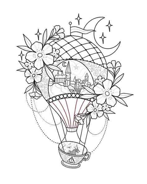 Flower Hot Air Balloon Tattoo, Hot Air Balloon Tattoo, Air Balloon Tattoo, Tattoo Black And White, Poppy Tattoo, Balloon Tattoo, Modern Hand Embroidery Patterns, Poppies Tattoo, Tattoo Black