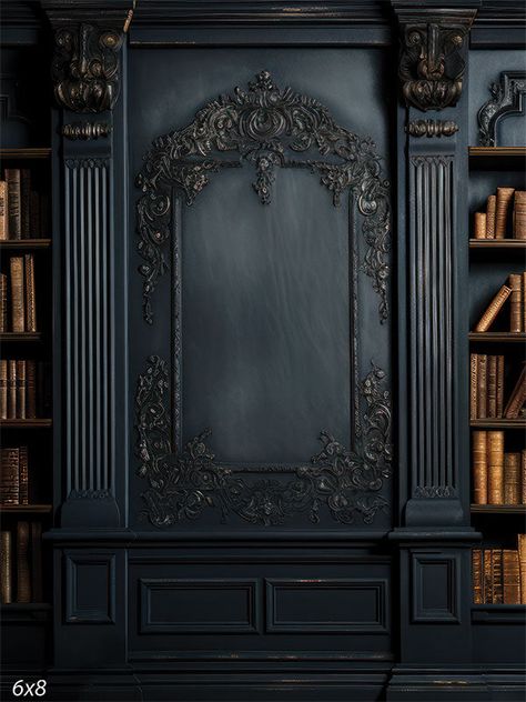 Baroque Study Photography Backdrop - A Baroque-style wall with ornate moldings and dark wood paneling Victorian Wall Panel, Baroque Office, Wood Columns Interior, 1800s House Interior, Full Wall Bookcase, Dark Panelling, Surrealism Ideas, Baroque House, Dark And Moody Living Room