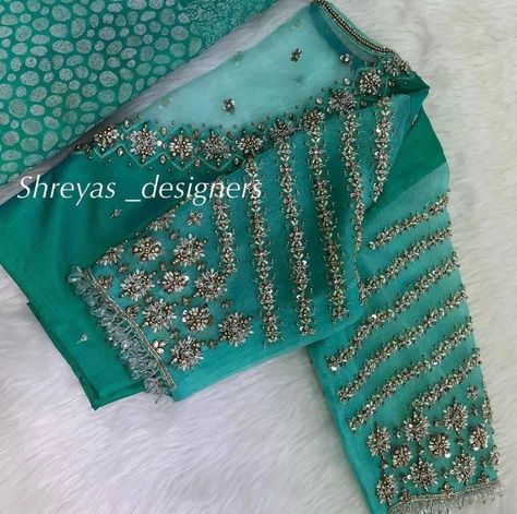 Net Hands Maggam Work Blouses, Green Bridal Blouse Designs, Light Blue Blouse Designs, Latest Maggam Work Blouses 2024, Net Maggam Work Blouses, Net Aari Work Blouse Designs, Aari Work On Net Blouse, Maggam Work Net Blouse Designs, Net Aari Work Blouse