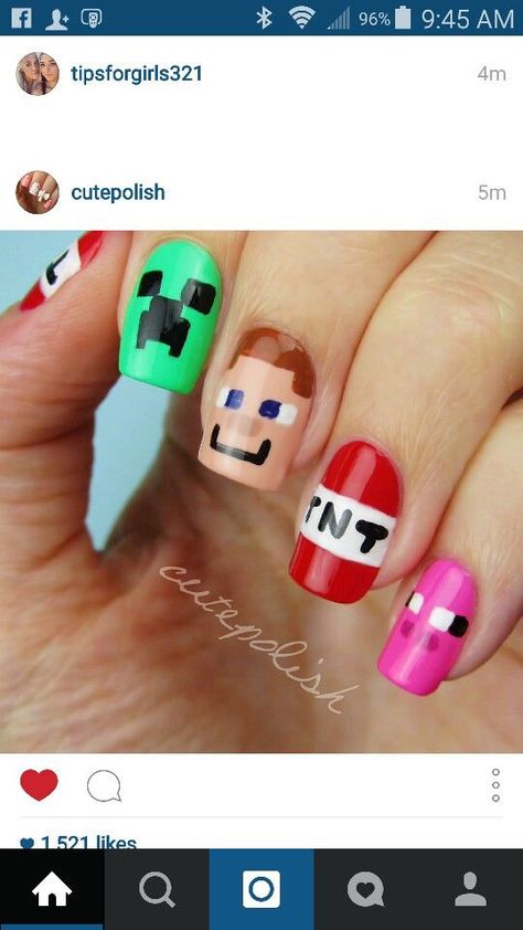 Minecraft Nails, Mc Nails, Crazy Nail Art, Funky Nail Art, Nails Easy, Short Nails Art, Nail Art Designs Diy, Crazy Nails, Nails For Kids