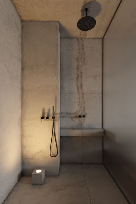 Concrete Minimalist House, Concrete Minimalist, Concrete Apartment, Minimalist Houses, Concrete Shower, Modern Minimalist Interior Design, Concrete Bath, Restroom Remodel, Concrete Interiors