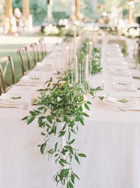 Reception Table Greenery, Greenery Farm Table Wedding, Foliage Wedding Table Runner, Loose Greenery Table Runner, White Tablecloth Green Runner, Wedding Floral Table Runners, Greenery Centerpiece Long Table, Smilax Table Runner, Greenery Runners For Wedding Tables