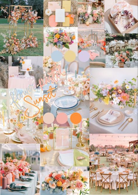 Light Color Wedding Scheme, Champagne And Pastel Wedding, French Spring Wedding, Colorful Classy Wedding, Sunset Color Scheme Wedding, Light Blue Spring Wedding, Wedding Pallet Ideas Colour Schemes, September Wedding Colors Schemes, Wildflower Color Palette Wedding