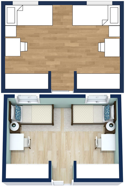 A 2D and 3D floor plan of a small kids bedroom with two single beds, and a desk mirroring each other. Twin Room Layout, Kids Bedroom Layout, Small Kids Bedroom, Bedroom Floor Plan, Small Bedroom Layout, Two Twin Beds, Girl Time, Bedroom Layout, Kid Bedroom