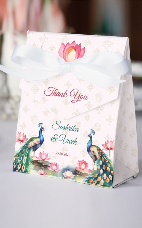 Peacock pink lotus Indian wedding favors personalized Favor Box peacock theme wedding favors Lotus Theme Wedding, Peacock Theme Wedding, Peacock Invitations, Lotus Watercolor, Watercolor Indian, Wedding Favor Gift Boxes, Personalized Favor Boxes, Indian Wedding Favors, Peacock Theme