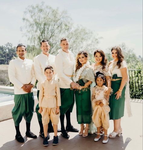 Cambodian Bridal Party wears green attire during & after the Wedding Procession. 2nd Ceremony of the day. Cambodian Outfits, Lao Wedding, Laos Wedding, Cambodian Wedding Dress, Wedding Procession, Cambodian Wedding, Party Wears, Thai Wedding, After The Wedding