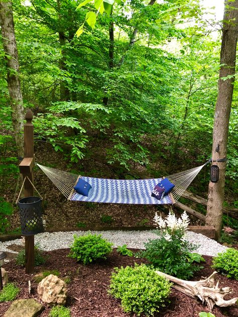 Hammock Between Trees, Backyard Hammock Oasis, Hammock Area Ideas Backyards, Outdoor Hammock Ideas, Hammock Pergola, Backyard Hammock Area, Hammock Oasis, Backyard Hammock Ideas, Hammock Corner