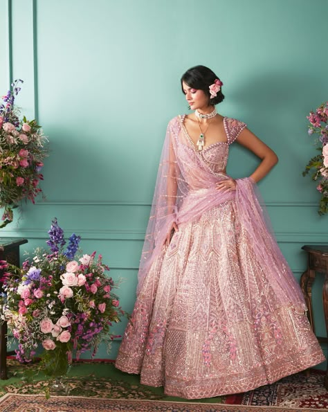 Featuring a lilac lehenga in velvet base with zardosi, french knot, and mukaish work embroidery. It is paired with a corset style blouse with pearl detailing and a net dupatta. DELIVERY TIMEPlease allow 8-12 weeks for your outfit to arrive. FABRIC DETAILSLehenga- Velvet, Blouse- Net & Velvet, Dupatta- Net Professional cleaning only. Modern Lehangas, Lehenga Simple, Lilac Lehenga, Lavender Lehenga, Lehenga Outfit, Lengha Sari, Sangeet Lehenga, Lilac Gown, Wedding Fits