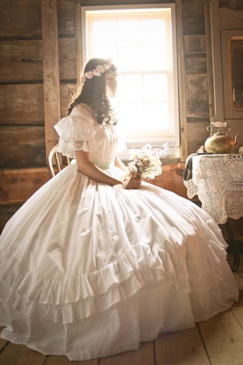 This Civil War-era gown was sewn almost completely by hand by this young lady.  What am impressive wedding gown and blog she has!  The Story of a Seamstress: 1860s Victorian Wedding, Looking Out The Window, Old Dresses, Vintage Gowns, Period Costumes, Vintage Bride, Through The Window, Historical Dresses, Independent Publishing