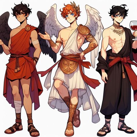 Apollo, Hermes and Dionysus from Greek Mythology Anime Greek Mythology, Anime Greek Gods, Apollo Character Design, Greek God Aesthetic Outfit, Dionysus X Apollo, God Clothes Design Male, Greek Clothes Male, Greek Mythology Character Design, Greek Mythology Outfits Male