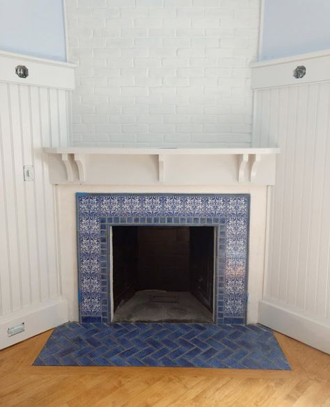 Brother Rabbit nook fireplace in Victorian blue Craftsman Corner Fireplace, Blue White Fireplace, Subway Tile Behind Wood Burning Stove, Blue And White Tile Fireplace, Fireplace Blue Tile, Victorian Kitchen Fireplace, Tiled Corner Fireplace, Victorian Corner Fireplace, Blue Tiled Fireplace