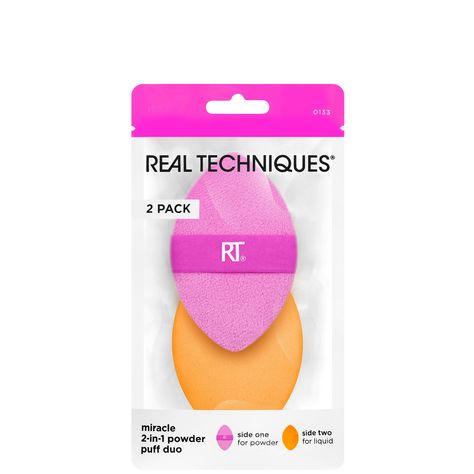 Streamline your base routine with the Real Techniques Miracle 2-in-1 Powder Puff. Best used dry, this multi-purpose tool applies all of your favourite formulas with its dual-textured design.  The soft pink side picks up and deposits the perfect amount of powder, ideal for setting products into place or refreshing your makeup throughout the day. Alternatively, the orange side blends liquid and cream formulas with a seamless, streak-free finish. The bouncy sponge features a pointed tip to help cov Makeup Brushes Amazon, Base Routine, Real Techniques Sponge, Dream Products, Brightening Skincare, Skincare Gift Set, Real Techniques, Makeup Gift, Dior Couture