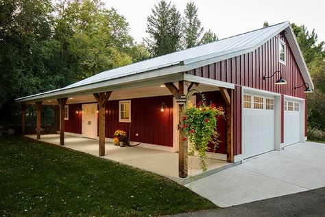 5 Awesome Pole Barn Porch Ideas To Boost Curb Appeal Living In A Garage While Building, Garages Ideas Exterior, Garage Designs Detached, Ranch Style House With Detached Garage, Metal Building Shed Ideas, Detached Garage Shop Ideas, Rv Metal Building, Pole Barn Lights Exterior, Pole Shed Garage