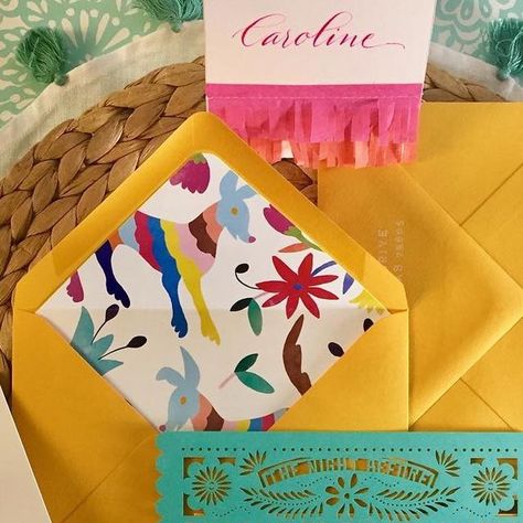 Alyssa Reeves Graphic Designer 💍 Weddings 🎂 Events 🥳 Parties on Instagram: "More-is-more part dos...cue the mariachis for this paper fiesta rehearsal dinner planned by the lovely @carolinereeder. Lasercut papel picado and colorful Otomi-inspired liner gets me in the mood for lots and lots of chips and salsa! 🌶⠀ Brushy, fun calligraphy by señora @nicoleblackcalligraphy⠀ ⠀ #lasecutinvitations #fiestainvitations ⠀ #weddingdetails #weddings #weddinginvitations⠀ #paradisedesignco #custominvitations ⠀ #abileneweddings #lasercutinvitations" Fiesta Rehearsal Dinner, Fun Calligraphy, Rehearsal Dinner Planning, Wedding Graphic Design, Fiesta Decor, Unique Wedding Stationery, Colorful Wedding Invitations, Fiesta Decorations, Creative Wedding Ideas