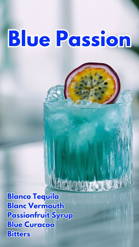 The Blue Passion is a visually striking and flavorful cocktail that combines the smooth, earthy notes of blanco tequila with the tropical sweetness of passionfruit syrup and the vibrant hue of blue curaçao. Enhanced with bitters and blanc vermouth, this sophisticated drink is both refreshing and beautifully balanced.  #bluepassion #passionfruitcocktails via @mybartender Passionfruit Syrup, Cocktail Drinks Alcoholic, Yummy Alcoholic Drinks, Blue Cocktails, Boozy Drinks, Blue Curacao, Cocktail Drinks Recipes, Fruit Cocktails, Alcohol Drink Recipes