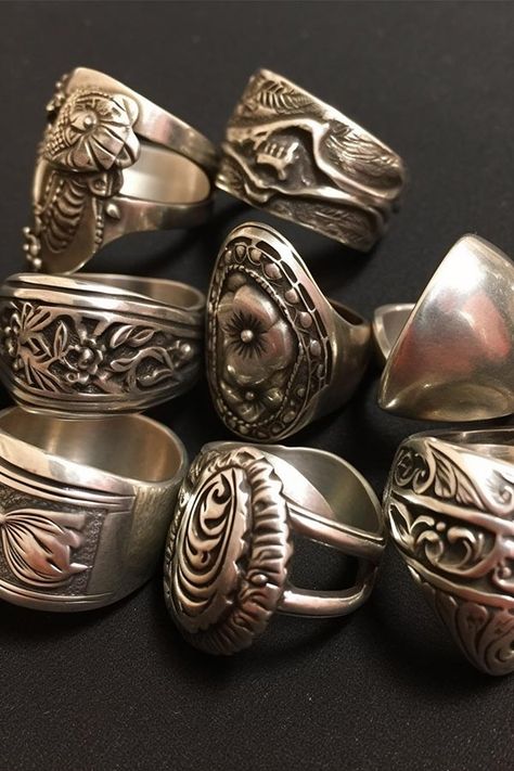 Making Jewelry From Silverware, Fork Rings Silverware Jewelry, Old Jewelry Repurposed Diy Projects, Making Spoon Rings, Cutlery Jewellery Ideas, How To Make Spoon Rings, Old Silverware Ideas Diy Projects, Cutlery Rings, How To Make Rings At Home