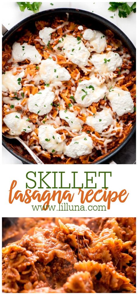 Skillet Lasagna is a comforting and cheesy one pot meal. It takes just 30 minutes and is perfect for dinner any night of the week! #bestskilletlasagna #skilletlasagna #lasagna #easylasagnarecipe #quicklasagnarecipe Quick Lasagna Recipe, Skillet Lasagna Easy, Skillet Lasagna Recipe, Healthy One Pot Meals, Skillet Lasagna, Easy Lasagna Recipe, One Skillet Meals, One Pot Dinners, One Pot Meal