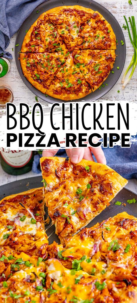 BBQ Chicken Pizza is loaded with sweet and smoky flavors you'll love! Who can resist tangy barbecue sauce, juicy chicken, and melty cheese?! #BreadBoozeBacon #bbqchickenpizza #bbqsauce #barbecuesauce #chicken #pizza #redonion #cilantro #greenonion #easydinner #comfortfood #pizzaparty Barbeque Chicken Pizza, Bbq Chicken Pizza Recipe, Chicken Pizza Recipe, Game With Friends, Barbecue Chicken Pizza, Chicken Pizza Recipes, Barbeque Chicken, Pizza Dinner, Tangy Bbq Sauce