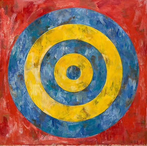 Blue and yellow target or bullseye on a red ground. Jasper Johns, Circles, Abstract Painting, Target, Red, Blue, White, Art