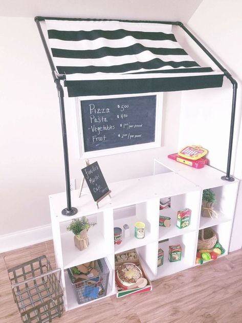 Kids DIY cafe and store, black and white playroom White Playroom, Playroom Shelves, Kids Bedroom Organization, Diy Playroom, Basement Playroom, Girls Playroom, Playroom Design, Playroom Organization, Hemnes