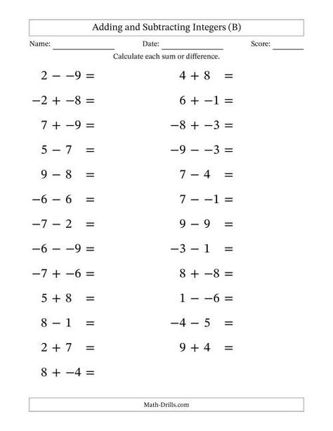 The Adding and Subtracting Mixed Integers from -9 to 9 (25 Questions; Large Print; No Parentheses) (B) Math Worksheet Addition And Subtraction Of Integers, Adding Subtracting Integers, Directed Numbers, Adding Integers Worksheet, Subtracting Integers Worksheet, Decimal Multiplication, Adding Integers, Adding And Subtracting Integers, Integers Worksheet