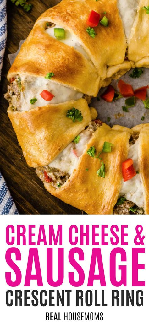 This Cream Cheese and Sausage Crescent Roll Ring is a delicious appetizer that will disappear whether it is breakfast, lunch, or dinner! #RealHousemoms #creamcheese #sausage #crescentroll #crescentrollring #appetizer #gameday #partyfood Italian Sausage Crescent Roll Recipes, Appetizers For Party Easy Finger Foods Crescent Rolls, Sausage Cream Cheese Croissants, Crescent Roll Sausage Cream Cheese, Sausage Croissant Rolls, Sausage Crescent Roll Casserole, Easy Au Jus Recipe, Sausage Cream Cheese Crescent Rolls, Bacon Dessert Recipes