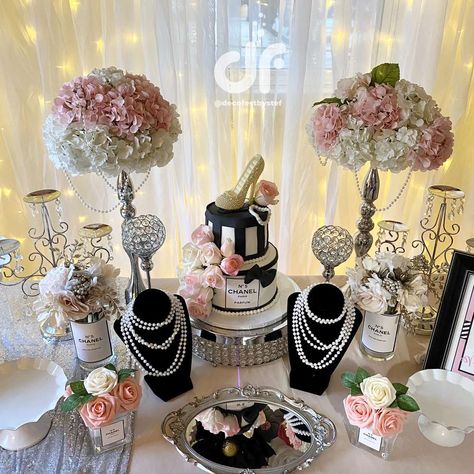 Chanel Aesthetic Birthday, Glam Party Ideas For Women, Chanel 50th Birthday Party Ideas, Audrey Hepburn Birthday Theme, Vogue Party Theme Ideas, Paris Themed Birthday Party Decoration, Dior Party Theme, Channel Party Ideas, Chanel Party Theme Decoration