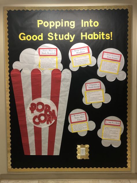 Good Habits Board Decoration, Study Habits Bulletin Board, Exam Bulletin Board Ideas, Exam Board Decoration Ideas, Study Skills Bulletin Board, Study Bulletin Board, Guidance Bulletin Boards, Studying Habits, Goals Bulletin Board