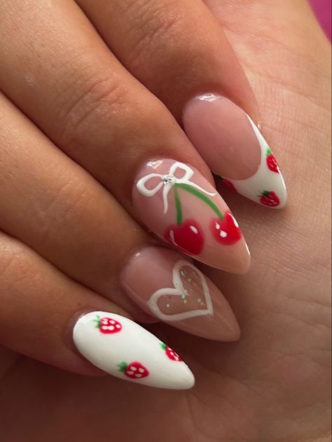 Simple Strawberry Nail Design, Strawberry And Cherry Nails, Heart Cherry Nails, 22nd Birthday Nails, Cherry Heart Nails, Cherry Nails Designs, Pink Cherry Nails, Strawberry Nail Designs, Picnic Nails