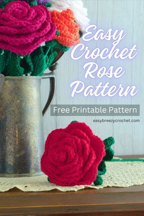 This easy crochet rose pattern is perfect for beginners or anyone looking for a quick and easy project. This crochet rose with stem pattern has step-by-step instructions and is fast to make, so you could easily make a small bouquet in an afternoon. Crochet Rose With Stem Pattern Free, Crochet Rose With Stem, Easy Crochet Rose Pattern Free, Crochet Roses Free Pattern Easy, Crochet Roses Free Pattern Simple, Rose Crochet Pattern Free, Crochet Roses Free Pattern, Free Crochet Rose Pattern, Cross Stitch Patterns Free Disney