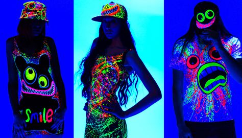 We specialise in UV REACTIVE Club wear, rave and festival clothing. All our products are hand finished here in the COUCH UK studios. Glow Party Outfit, Neon Party Outfits, Shirt Pillows, Glow In Dark Party, Dark Party, Party Outfits For Women, Lit Outfits, Science Ideas, Recycled T Shirts