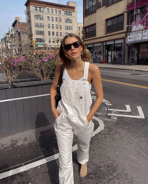 Courtney Grow (@courtneygrow) | Instagram White Overalls Outfit, Courtney Grow, Dickies Overalls, Crossing The Street, White Overalls, Overalls Outfit, Bike Lane, Jean Color, Dickies Pants