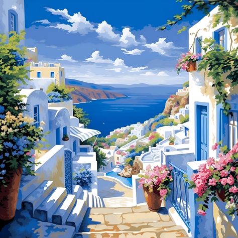 Santorini Greece Painting, Watercolor Digital Art, Greece Painting, Landscape Quilts, Digital Art Print, Santorini Greece, Street Scenes, Wall D, May 23