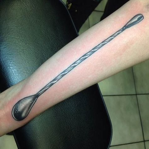 Only the most skilled bartenders will recognize this tool. Tattoo by Donna Klein. #Inked #inkedmag #tattoo #bartender #art #mixer #creative #drink Bar Spoon Tattoo, Bartending Tattoos, Spoon Tattoo Ideas, Bartender Tattoo, Spoon Tattoo, Cocktail Tattoo, Inked Magazine Tattoos, Split Personalities, Knee Tattoos