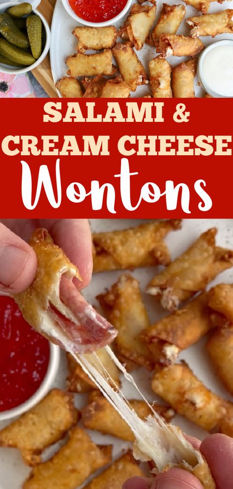 Salami And Cream Cheese, Stuffed Wontons, Salami Cream Cheese, Salami Recipes, Cream Cheese Roll Up, Salami And Cheese, Cheese Wontons, Cream Cheese Wontons, Fried Wontons