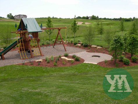 This fire pit and play area is perfect for kids and adults - Yardmasters Landscapes Outdoor Decorating Ideas, Playground Landscaping, Outdoor Fire Pit Area, Fire Pit Seating Area, Play Area Backyard, Backyard Kids Play Area, Family Backyard, Playground Ideas, Gravel Patio