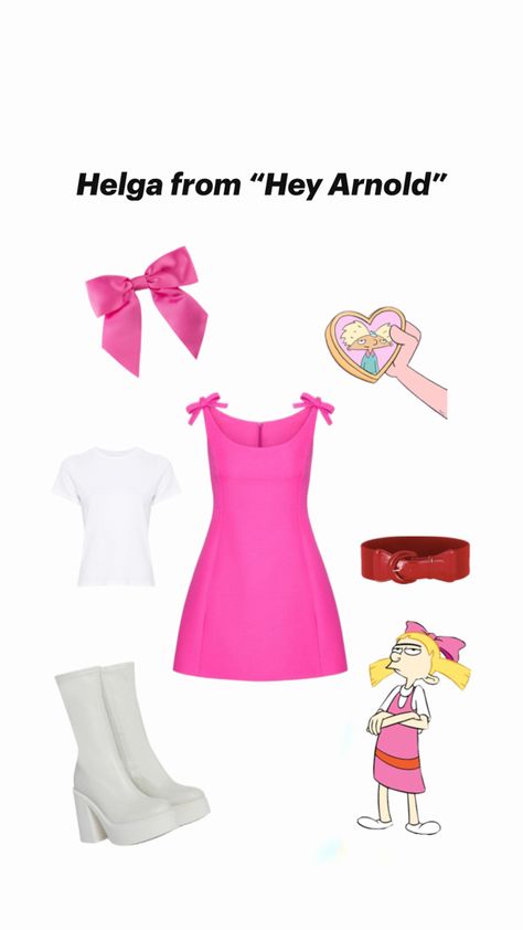 Pink dress, blond hair, white boots, white T-shirt, pink bow, red belt Costume For Blondes, Halloween Last Minute Costume, Pink Halloween Costume, Halloween Last Minute, Blonde Halloween, Pink Dress Outfit, Pink Halloween Costumes, Arnold And Helga, Blonde Halloween Costume