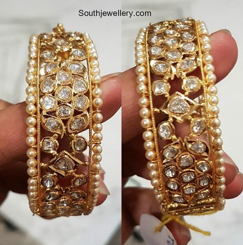 22 carat gold broad bangles studded with polki diamonds and pearls by premraj Shantilal jewellers. Pearl Bangles Gold, Indian Bracelets, Diamond Bangles, Pearl Necklace Designs, Diamond Necklace Designs, Jewelry Set Design, Bridal Accessories Jewelry, Indian Jewellery Design Earrings, Antique Jewelry Indian